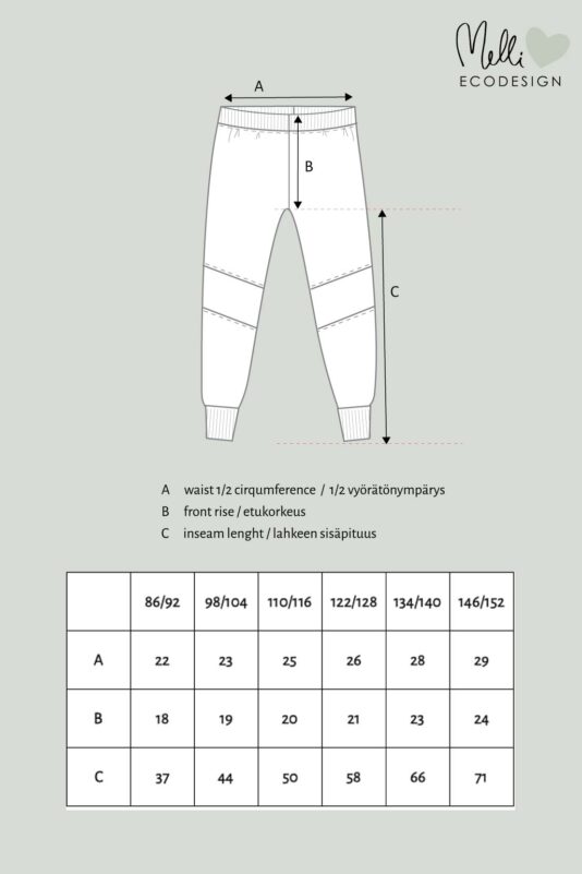 Lasten polvipaikkahousut mittakuva