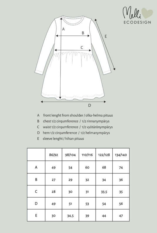 Tyttöjen mekko röyhelöhelmalla mittakuva - trikoo tai college - Melli EcoDesign Tyttöjen mekko röyhelöhelmalla mittakuva - trikoo tai college - Melli EcoDesign