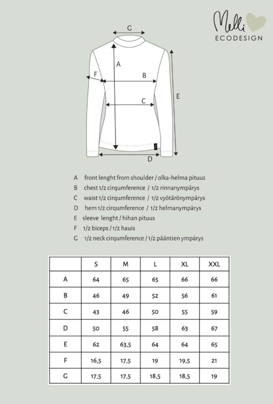 N.paita korkealla kauluksella JERSEY mittakuva N.paita korkealla kauluksella JERSEY mittakuva