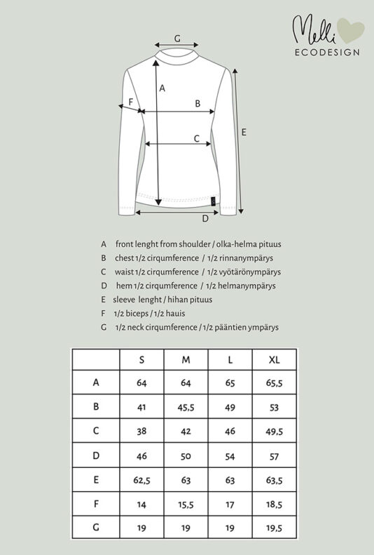 N.paita korkealla kauluksella mittakuva N.paita korkealla kauluksella mittakuva