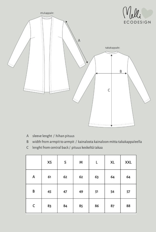 N.merino-tencel neuletakki mittakuva N.merino-tencel neuletakki mittakuva