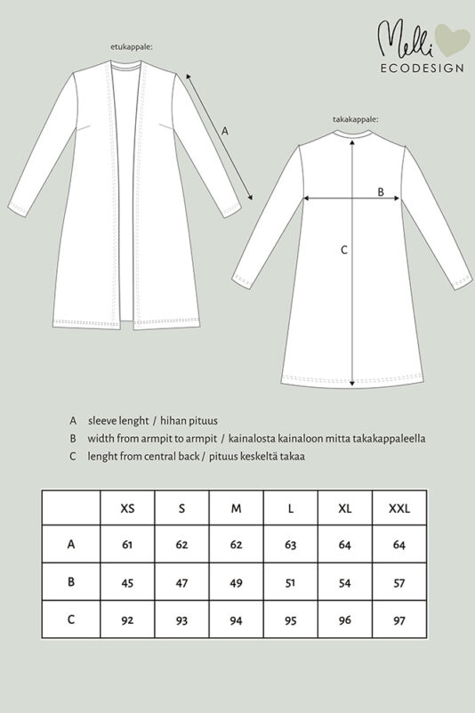 N.merinoneuletakki pitkä mittakuva