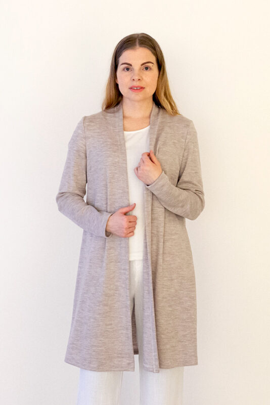 Merinovilla neuletakki pitkä meleerattu hiekka S-L