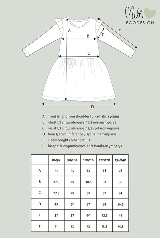 Collegemekko frillahihoilla mittakuva Collegemekko frillahihoilla mittakuva