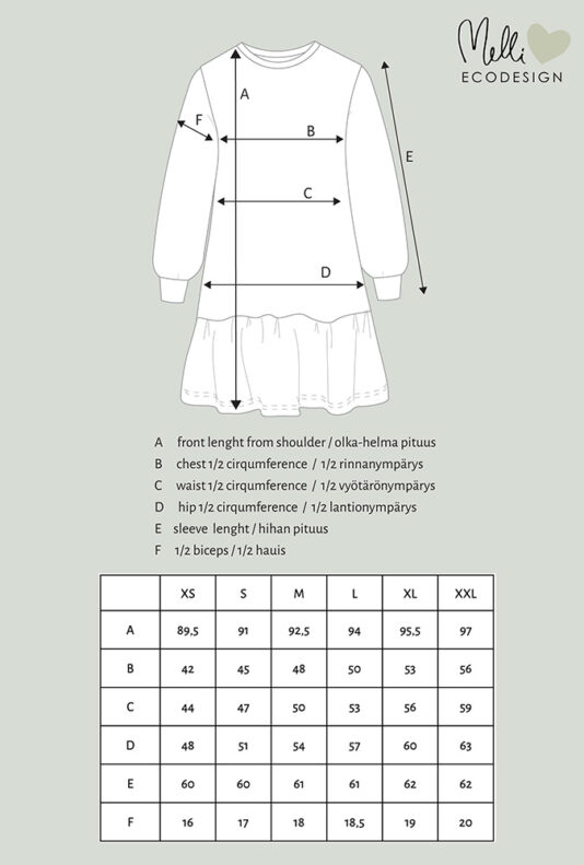 N.collegemekko frillahelmalla ja puhvihihalla mittakuva N.collegemekko frillahelmalla ja puhvihihalla mittakuva