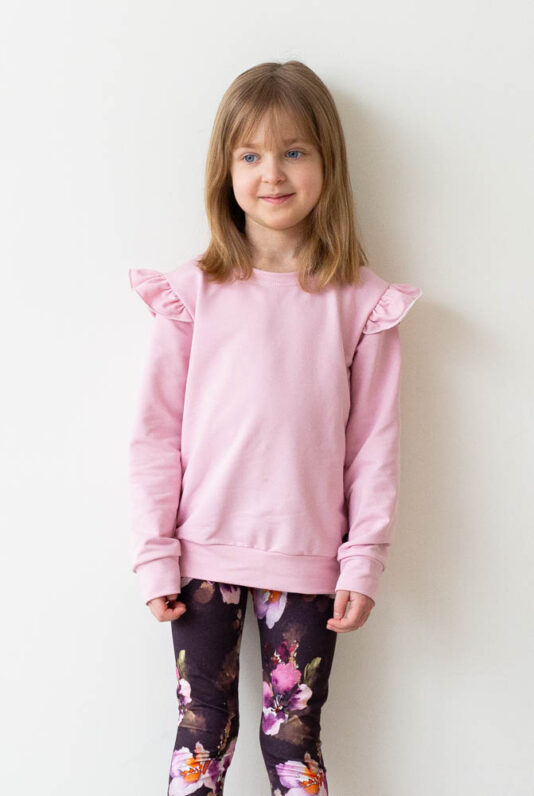 Lasten vaaleanpunainen collegepaita röyhelöillä - Melli EcoDesign