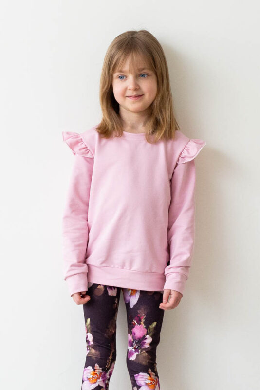 Lasten vaaleanpunainen collegepaita röyhelöillä - Melli EcoDesign