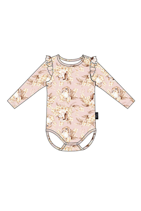 ENNAKKOMYYNTI Röyhelöhihainen body Luppakorva vaaleanpunainen