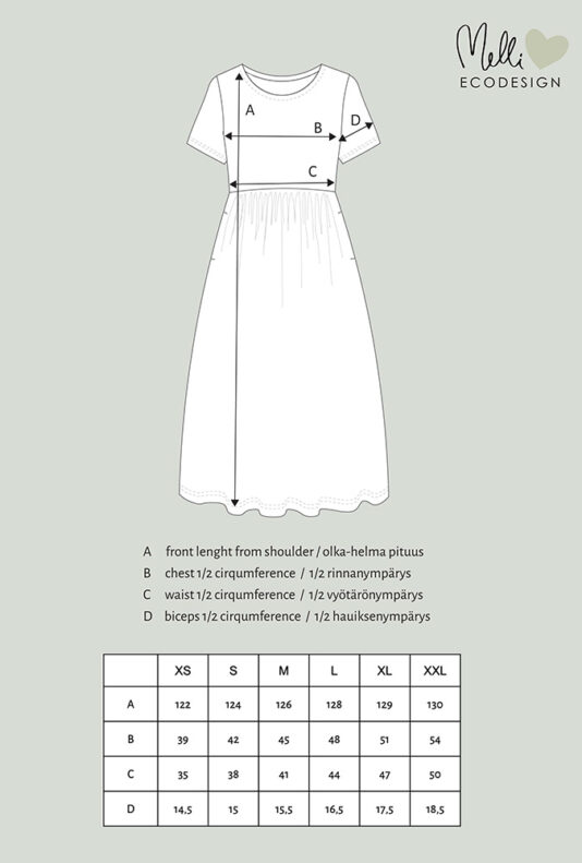 Naisten taskmekko lyhyt hiha midi mittakuva Naisten taskmekko lyhyt hiha midi mittakuva